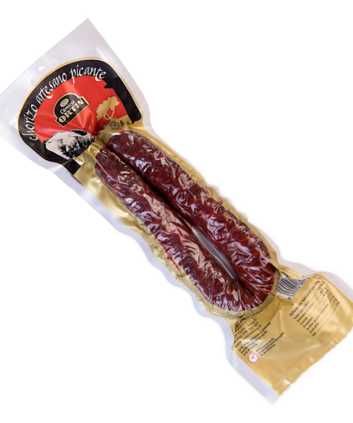 Chorizo artesano picante Cárnicas Ortín envasado al vacío.
