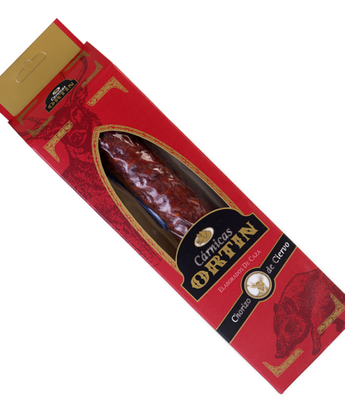 Chorizo de ciervo Cárnicas Ortín en estuche con ventana.
