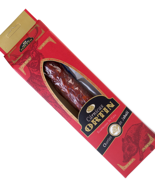Chorizo de jabalí Cárnicas Ortín en estuche con ventana.