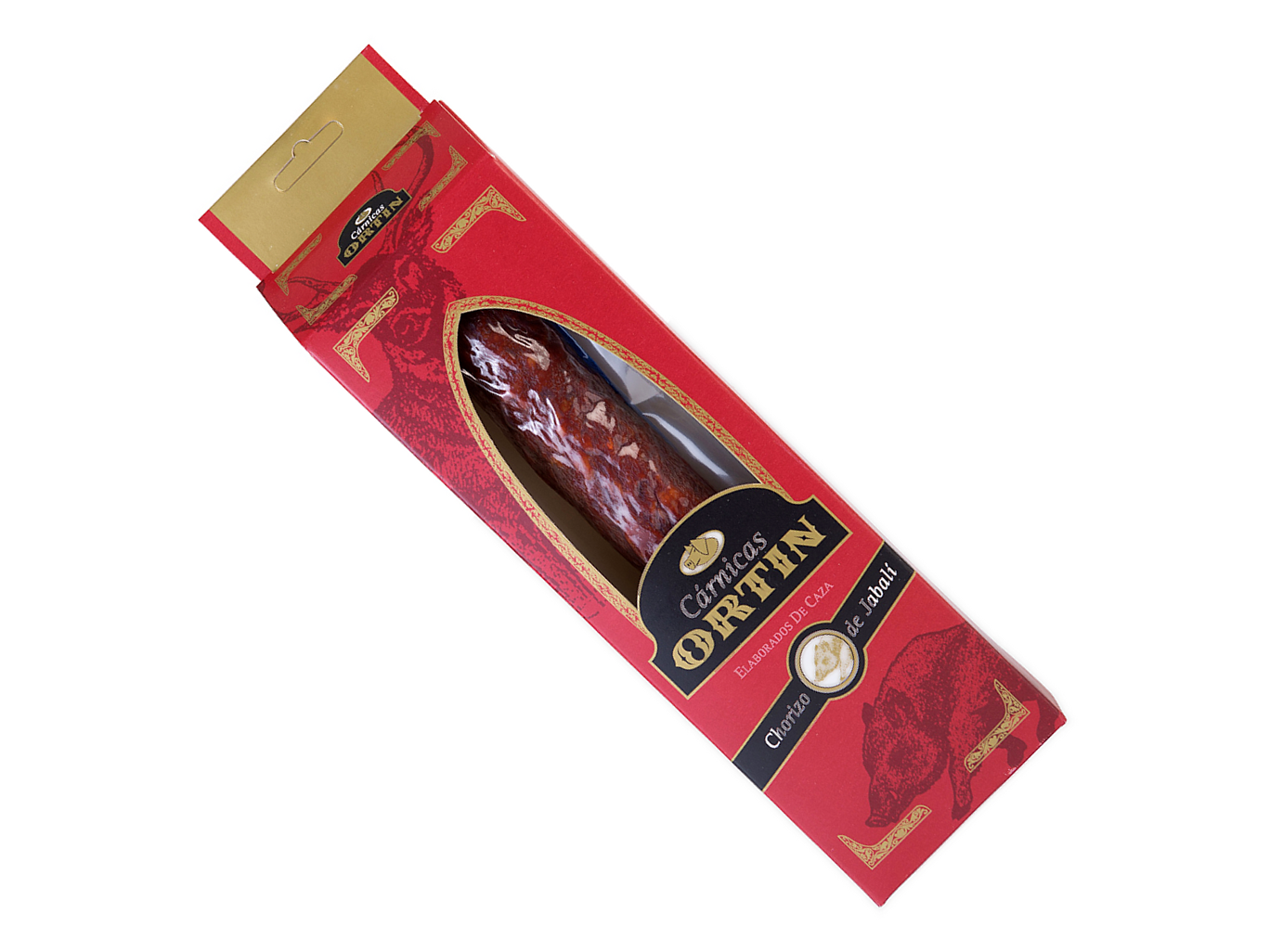 Chorizo de jabalí Cárnicas Ortín en estuche con ventana.