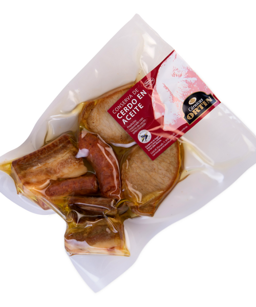 Bolsa de mezcla de cerdo en conserva Cárnicas Ortín envasada al vacío.