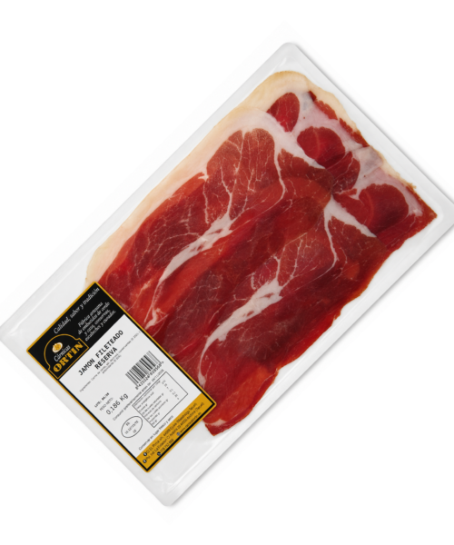 Jamón Reserva Maestrazgo fileteado Cárnicas Ortín en sobre envasado al vacío.