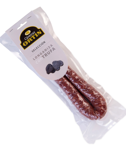 Longaniza con trufa Cárnicas Ortín envasada al vacío.