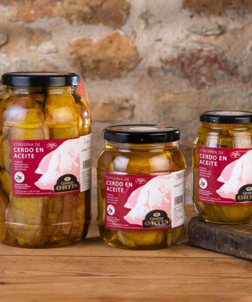 Lomo de cerdo en conserva Cárnicas Ortín en tarros de cristal.